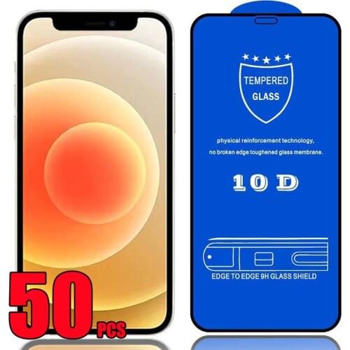 50pcs 10D Tempered Glass Full Glue Coverage Guard Screen Protector Film For iPhone 13 Pro Max 12 Mini 11 XS XR X 8 7 6 Plus SE
