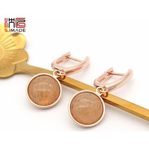 SJMADE New Fashion Elegant Round Natural Stone Dangle Earrings 585 Rose Gold Drop Earrings For Women Wedding Jewelry Party Gift