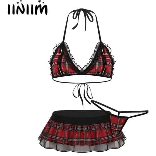 Womens Schoolgirl Cosplay Exotic Costumes Plaid Nipple Splits Tie-on Bra Top with Mini Ruffled Skirt Thongs Briefs Sexy Clubwear