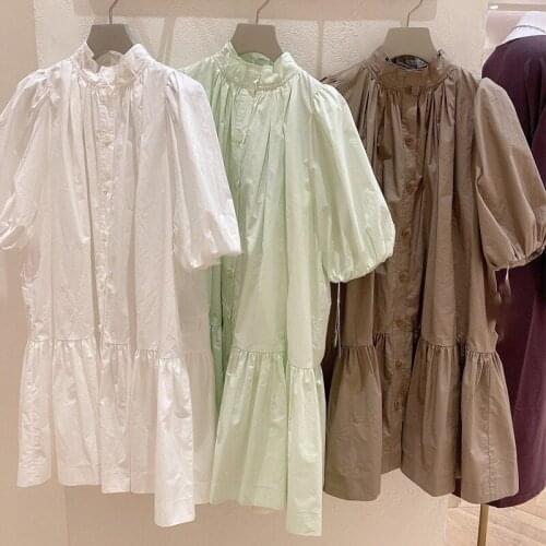 New solid color, loose stand neck, bubble sleeve shirt dress women in 2021 summer