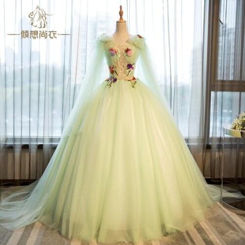 100% real light green cosplay ball gown medieval dress Renaissance gown queen Victorian Belle Ball gown