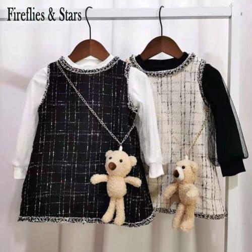 Spring Autumn Girls 2 Pcs Set Baby T Shirt + Dress Kids Suits Children Clothes Puff Sleeve Check Doll Gunny Bear Bag 2 To 7 Yrs