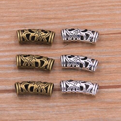 20Pcs 7X20mm 2 Color Retro Hollow Carved Charm Metal Macroporous Beads Pendant For DIY Necklace Bracelet Jewelry Making