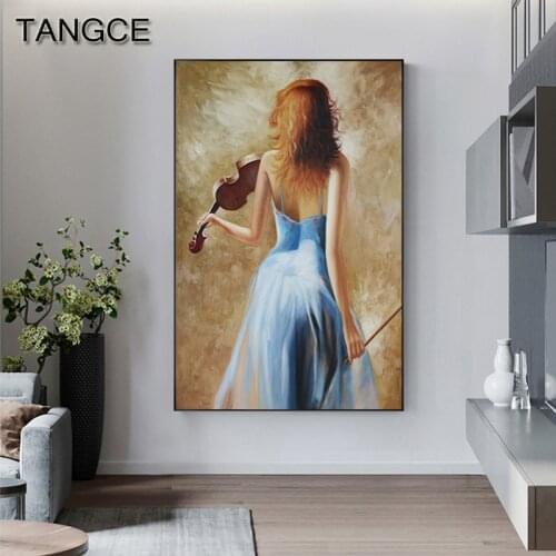 Abstract Violin Girl Canvas Painting Modern Blue Dress Girl Poster n Print Wall Art Picture for Living Room Plakat Streszczenie