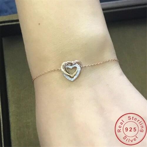 3 Tone Heart shape Chain Bracelet Real 925 Sterling silver Cz Statement Party Wedding bracelets for women Sizeable Fine Jewelry