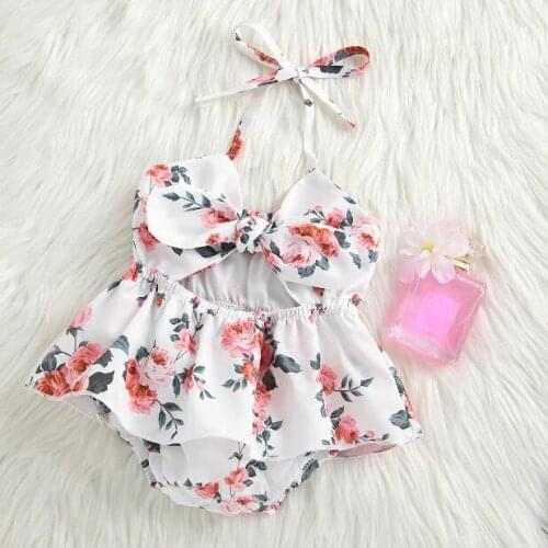 Citgeett Summer Infant Baby Girls Floral Print Short Bodysuit Sleeveless Hollow Sling Jumpsuit Bow-knot Cute Clothes
