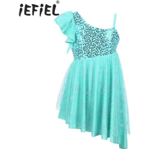 Kids Girl Ballet Dress One-Shoulder Ballerina Tutu Costume Sequins Irregular Hem Ballet Dance Dress Gymnastics Leotard for Girls