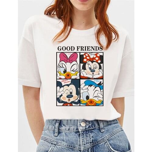 Mickey Mouse Minnie Donald Good Friends Printed Tshirts O-neck White Loose Summer Short Sleeve Girls Clothes T-shirt Tee Tops