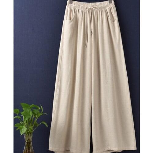 Chinese Traditional Clothing Summer Cotton Linen Women New National Literature Art Retro Travel Linen Trousers Wide-Leg Pants