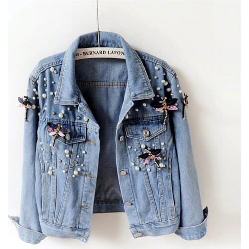 Short Beading Denim Jacket Women Casual Blue Slim Pockets Button Single Breasted Female Jeans Jackets Coat Women jaqueta feminin