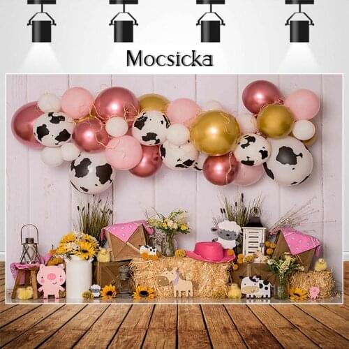 MOCSIKA Cake The Smash Farm Backdrops for Photography Pink Balloon Animal Decor Girl Birthday Photocall Background Photo Studio