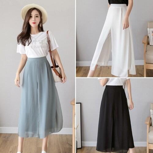 New Solid Color Wild Drape Chiffon Fake Skirt Wide Leg Pants Female Fashion High Waist Casual Nine Points Loose Trousers