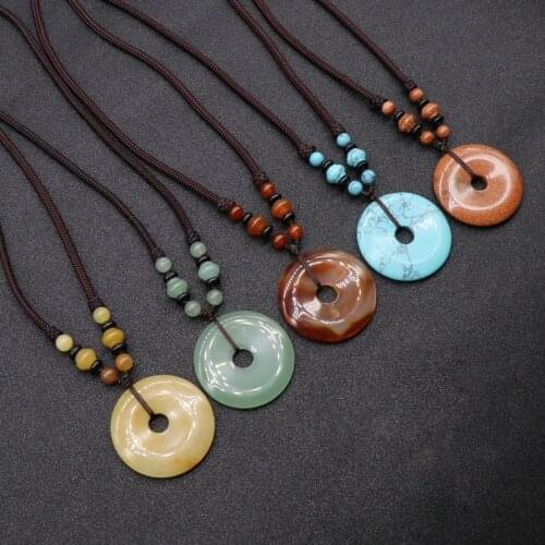 Fashion Natural Powder Crystal Button Peace Necklace Onyx Chalcedony Sands Turquoise of Female Chain Necklace Sweater Wholesale