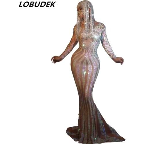 New Evening Party Singer Models Catwalk Stripes Sequins Floor-length Tailing Dress Spandex Stretch Long Sleeve Birthday Outfit