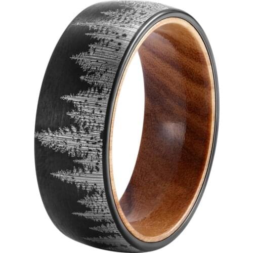 POYA TUNGSTEN 8 mm Black Forest Mountain Ring Mens Wedding Band with Oliver Wood Liner Comfort Fit