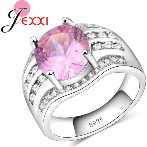 Simple Fashion 925 Sterling Silver Wide Wedding Ring Women Elegant Party Finger Bijoux Jewelry Sparkly Pink Bague