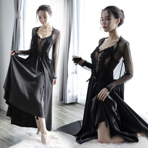 Sexy Sleepwear Sets Pajamas Dress with Kimono Robe White Black Pink Silk Stain Lounge Wear Set Long Sleeve Sling Nightgown Hot