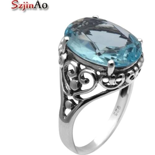 Szjinao Sky Blue Aquamarine Ring For Women 2020 Oval Gemstone 925 Sterling Silver Jewelry Antique 6ct Charms Valentines Day Gift