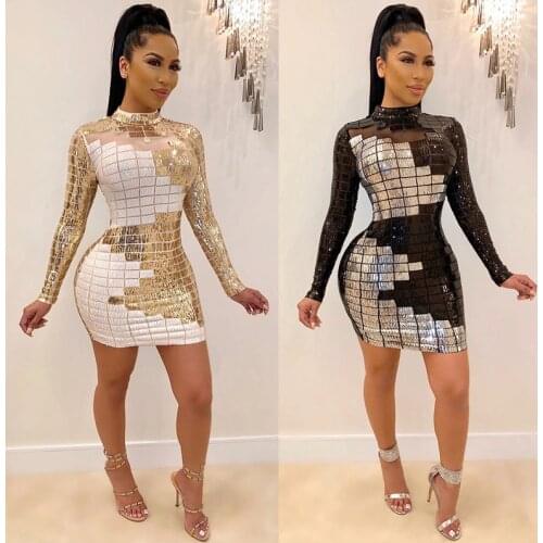 Spring 2020 New Sequin Dress Europe and America Womens Long Sleeve Dress Net Gauze White Black Sequin Dress