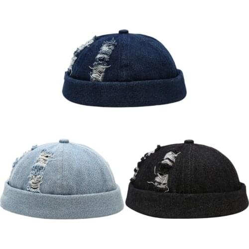 Vintage Docker Cap Ripped Brimless Cap in Denim Breathable Beanie Japanese Retro Style Adjustable