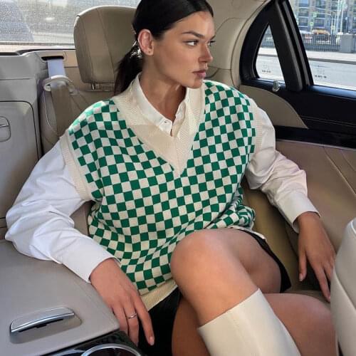 Y2K Knit Green Plaid Sweater Vest for Women Casual V-neck Loose Sleeveless Pullovers Sweater 2021 Fall Winter Vintage Sweater