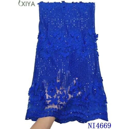 Embroidery Guipure Lace Fabric Royal Blue Milk Silk Laces Fabrics with Sequins African Milk Fiber Lace for Nigerian Party NI4669