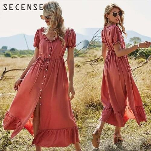 Women Single-Breasted Round O-Neck Short Sleeves Dresses Solid Color Long Dress High-Waist Ladies Skirt Summer Beach 2021