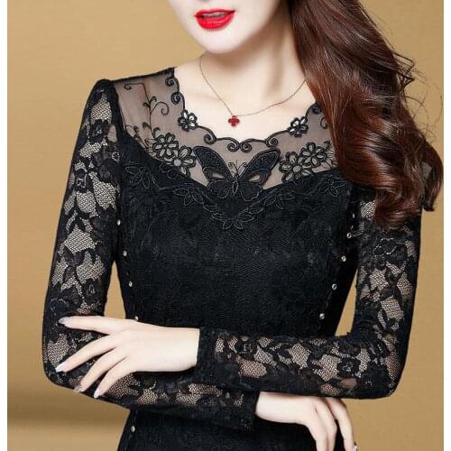 Women Spring Autumn Style Lace Blouses Shirts lady Casual Butterfly embroidery Long Sleeve Lace Blusas Tops DD8009