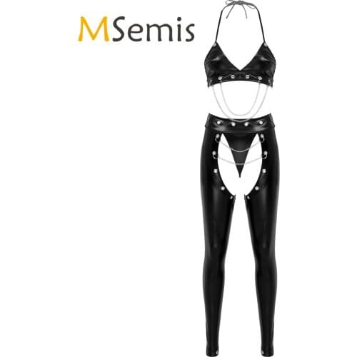 Womens Pole Dance Rave Costume Patent Leather Clubwear Metal Chain Decor Halter Bra with Crotchless Pants with G-string Briefs
