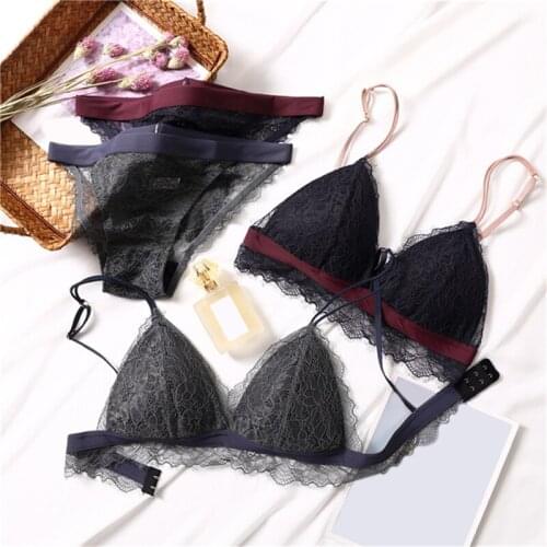 Ladies French Style Lace Bra Women Sexy Triangle Cup Bras V-neck Wireless Soft Thin Seamless Bra Patchwork Mesh Set For Female