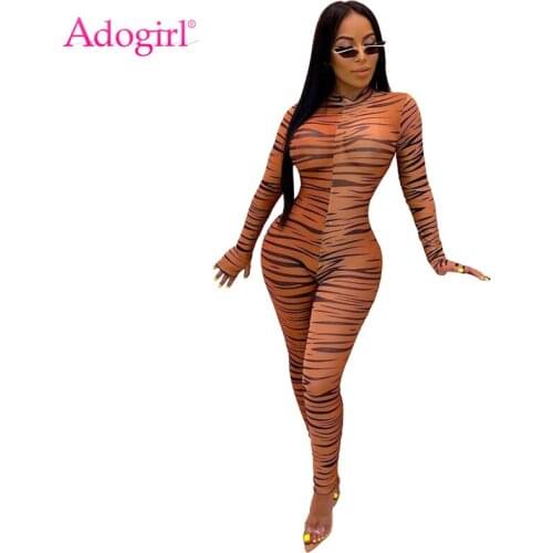Adogirl Zebra Print Sheer Mesh Jumpsuit Women Fashion Sexy O Neck Long Finger Sleeve Skinny Romper Night Club Overalls Bodysuits