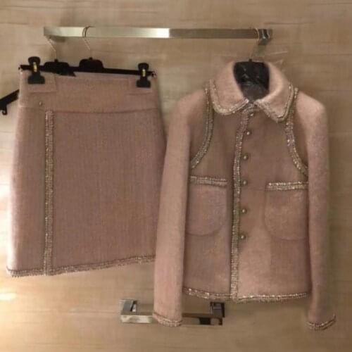 French style vinatge small fragrance pearl single breasted woolen jacket+mini skirt two piece sets women