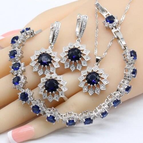 Flower Shape Blue Crystal White Zirconia Silver Color Bridal Jewelry Sets For Women Necklace Pendant Earrings Rings Bracelets