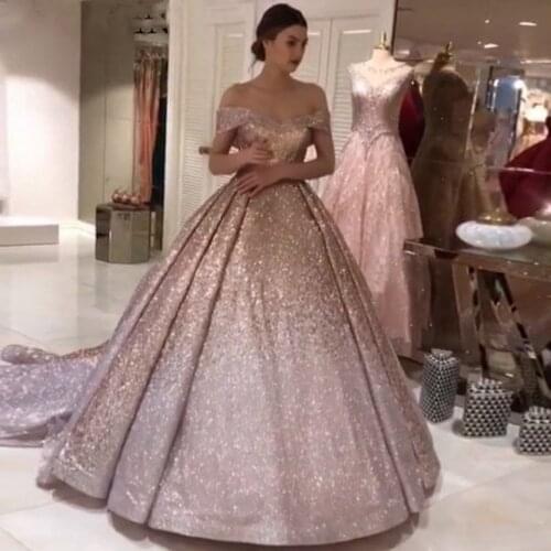 Sequins Pink Ball Gown Formal Evening Dresses 2020 Sparkle Robe De Soiree Sequins Off Shoulder Prom Gowns Long Shiny Maxi Dress