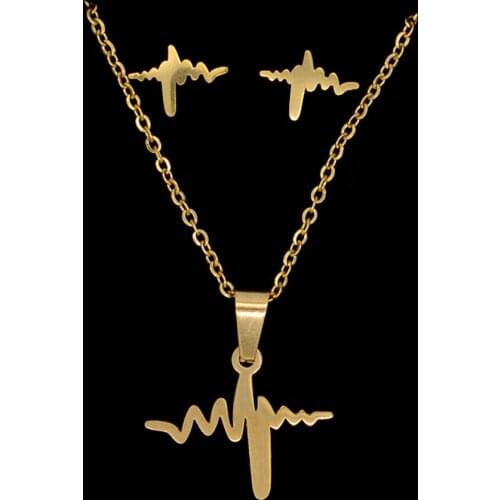 100% Stainless Steel PVD Gold Filled Heartbeat Earring Necklace Jewelry Set 45cm Pendant Necklaces Never Tarnish AAAAA Quality