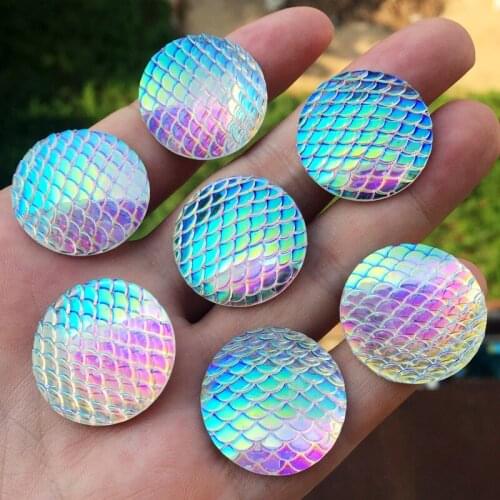 12pcs 25mm Resin white AB Fish Scale Flatback Rhinestone Round strass Cabochon Embellishment Scrapbooking For DIY Crafts B460