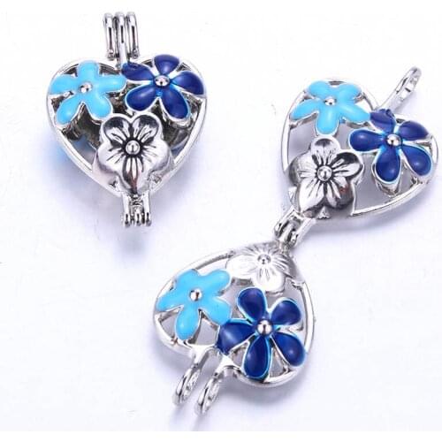 5pcs Blue Heart Shaped Flower Pearl Cage Locket Pendant Jewelry Making Bead Cage Aroma Essential Oil Diffuser Box Oyster Pearl