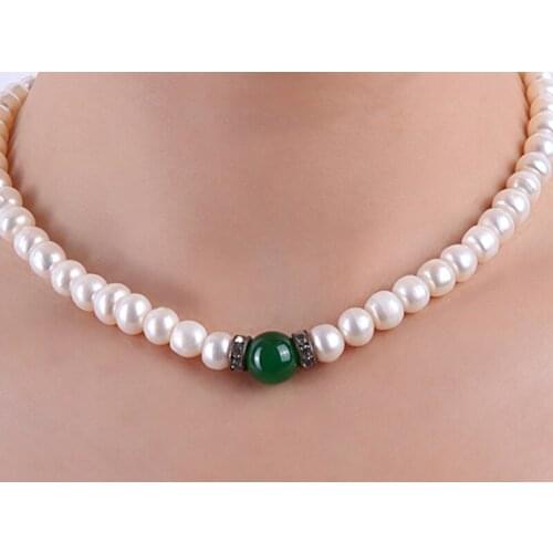 8.0-9.0 Pearl Necklace 100% Real Natural Freshwater Cultured Necklace With Natural Jade Necklace Choker Necklace 16.0 inches