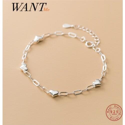 WANTME Real 925 Sterling Silver Sweet Romantic Love Heart Cuban Chain Buckle Bracelet for Women Fashion Korean Wedding Jewelry
