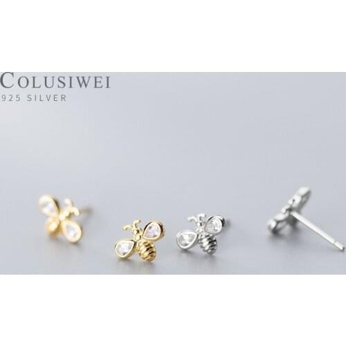 Colusiwei Fashion 925 Sterling Silver Clear CZ Simple Cute Tiny Bee Stud Earring for Women Exquisite Insect Ear Pin Fine Jewelry