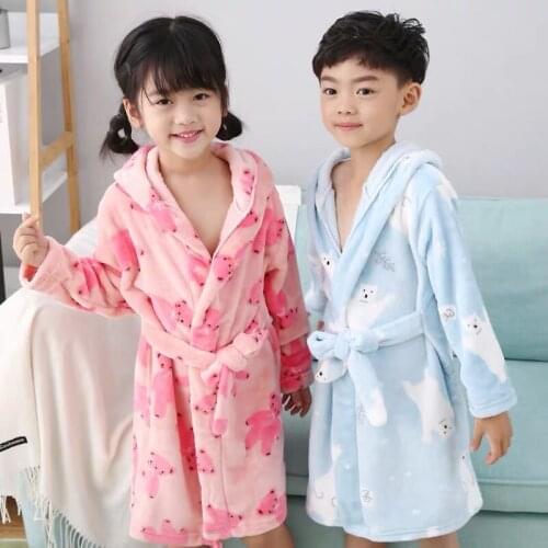 Childrens Bathrobes Flannel Cartoon Boys and Girls Hooded Nightgown Children Coral Fleece Pajamas Home Service