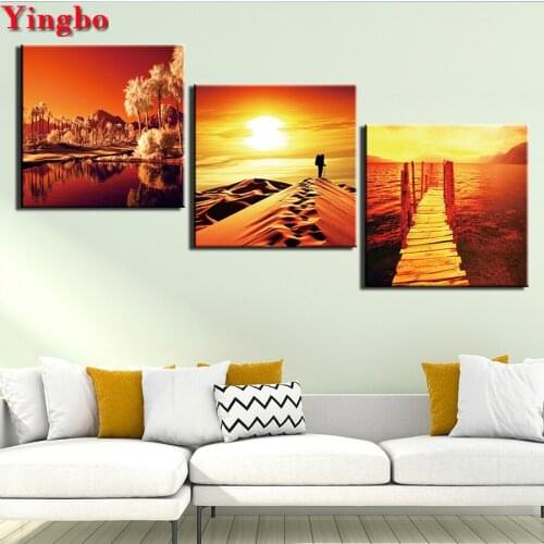 Diy diamond embroidery Desert sunset landscape full round square 5d diamond painting 3 pcs mosaic rhinestones painting 5d art