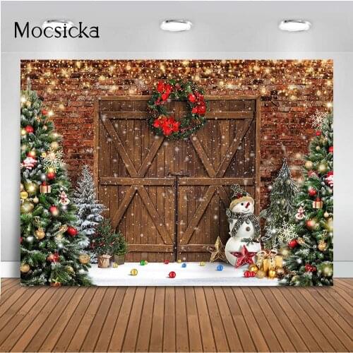 Christmas Snow Scene Portrait Backdrop for Photography Barn Door Retro Brick Wall Photocall Photo Background Studio Photocall