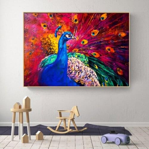 Modern Canvas Oil Painting Peacock Open Screen Poster Watercolor Animal Print Mural Wall Living Room Decoration Canvas Picture