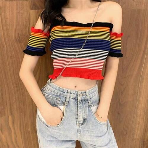 T-shirts Women Summer Colorful Striped Off Shoulder Short Crop Top Slim Backless Sexy Womens Knitted Ruffles Cute Ulzzang Hot