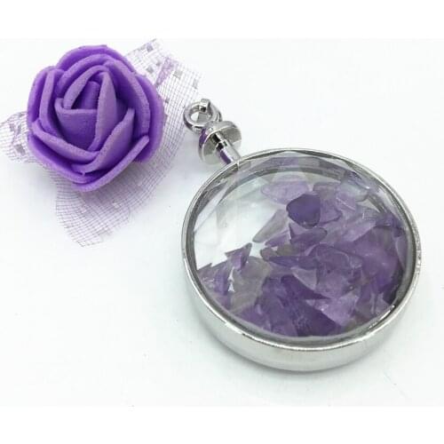 Delicate natural fluorite stone irregular gravel purple crystal round pendant silver-color fit diy long chain jewelry B3071