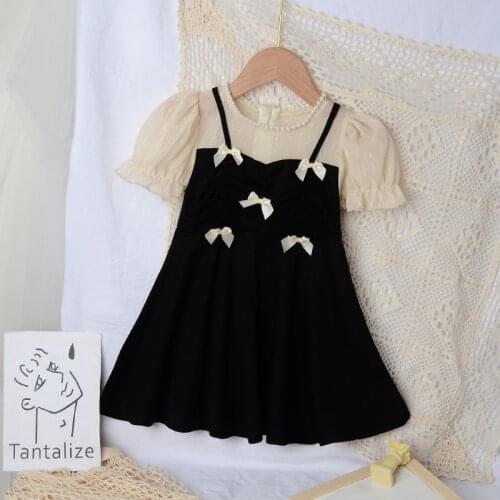 Cate Princess Dress For Girls 2021 Summer Fashion Pearls Beading Bow Fake-Two Piece Dress Kids Baby Clothing 2-6 Years