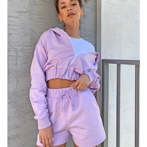 Autumn New Fashion 2Pcs Sports Clothing Suit Casual Womens Girls Zipper Sweater Hoodie Long Sleeve Hoodies+High Wait Shorts Sets