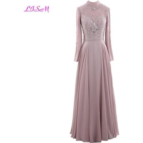 Muslim Evening Dress Long Sleeves Prom Dress 2019 Chiffon Elegant High Neck Bead Formal Party Dress Vestido de festa robe soiree