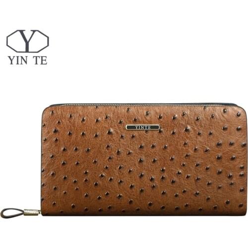 YINTE Fashion Mens Clutch Wallet Genuine Leather England Style Passport Purse Men Wrist Bag Ostrich Pattern Cow Leather T025-1